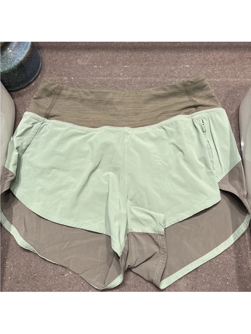 Outdoor Voices Two-Tone Sage and Olive Running Shorts